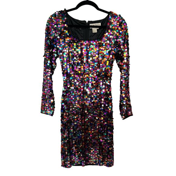 Oleg Cassini Black Tie Vintage Sequin Dress Size 4 Rainbow Long Sleeve Party - Picture 3 of 9